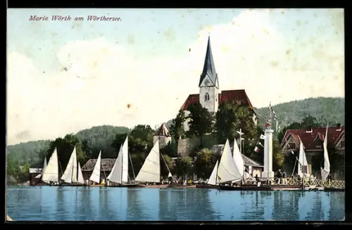 AK Maria Wörth am Wörthersee, Kirche mit Segelbooten