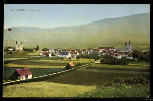 AK St. Andrä im Lavanttale, Panorama mit Ort, Kirchen und Feldern