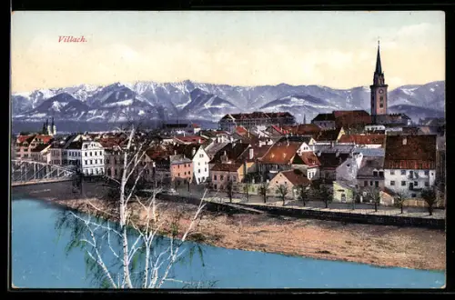 AK Villach, Panorama mit Fluss, Brücke und Kirche