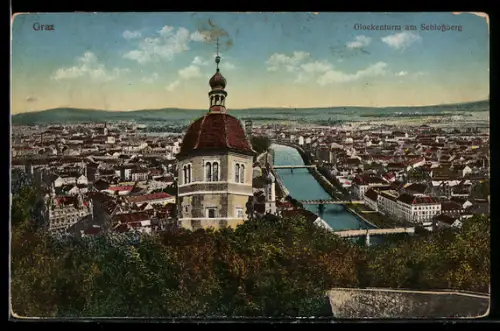 AK Graz, Glockenturm am Schlossberg, Panorama mit Mur und Stadt