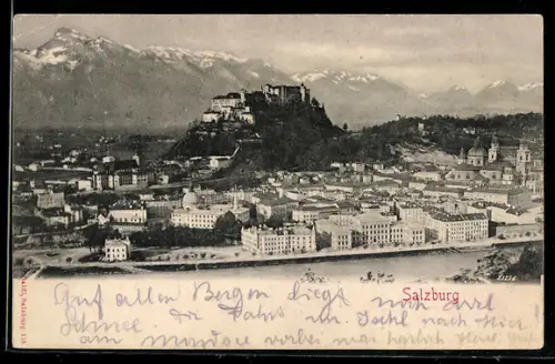 AK Salzburg, Stadtpanorama mit Festung Hohensalzburg und Salzach