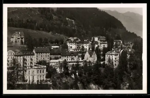 AK Badgastein, Panorama mit Hotels und Kirche