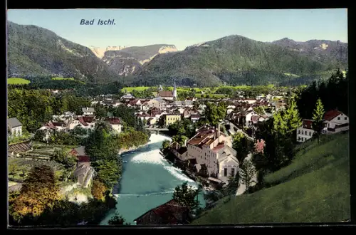 AK Bad Ischl, Ortspanorama mit Fluss