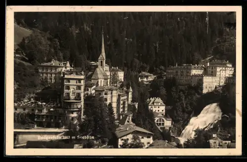 AK Bad Gastein, Ortsansicht mit Kirche und Wasserfall