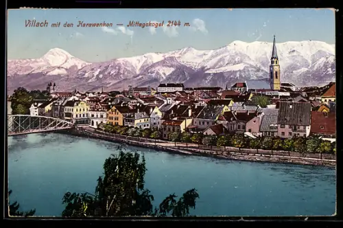 AK Villach, Stadtpanorama mit Karawanken und Mittagskogel
