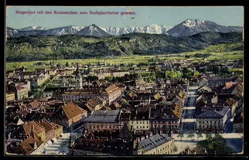 AK Klagenfurt, Stadtpanorama vom Stadtpfarrturm, Karawanken