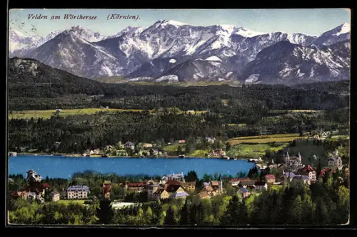 AK Velden am Wörthersee, Ortsansicht mit See und Gebirgspanorama