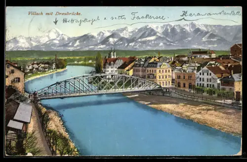 AK Villach, Draubrücke und Stadtn aus der Vogelschau
