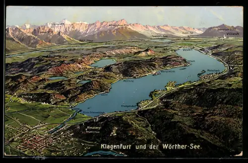 Künstler-AK Klagenfurt, Panorama mit Stadt u. Wörther-See aus der Vogelschau