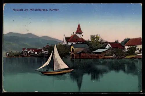 AK Millstatt am Millstättersee, Ortspanorama mit Segelboot und Kirche
