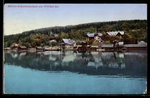 AK Klagenfurt /Wörthersee, Uferpanorama mit Militär-Schwimmschule