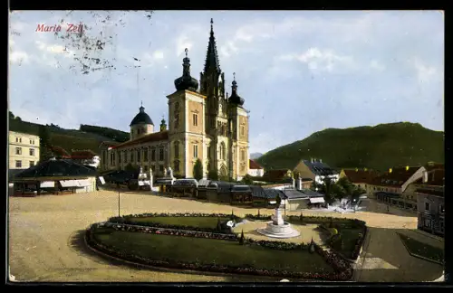 AK Maria Zell, Basilika und Hauptplatz