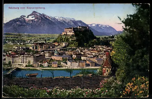 AK Salzburg, Ortsansicht vom Kapuzinerberg, mit Festung Hohensalzburg und Salzach