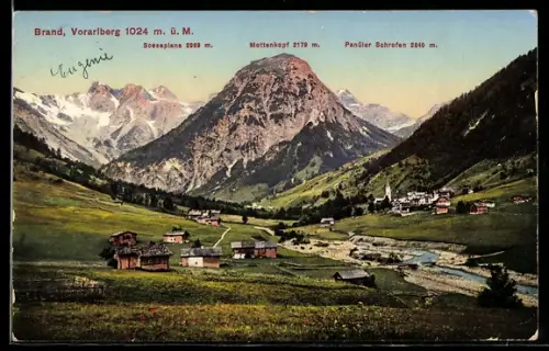 AK Brand, Ortsansicht im Tal gelegen, Blick gegen Mottenkopf, Panüler Schrofen und Scesaplana