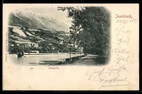 AK Innsbruck, Innpartie, Flussufer, Bergpanorama