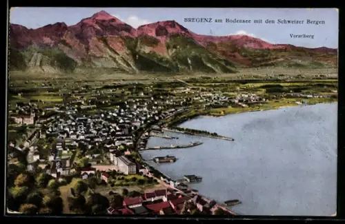AK Bregenz am Bodensee, Teilansicht mit den Schweizer Bergen, Vorarlberg