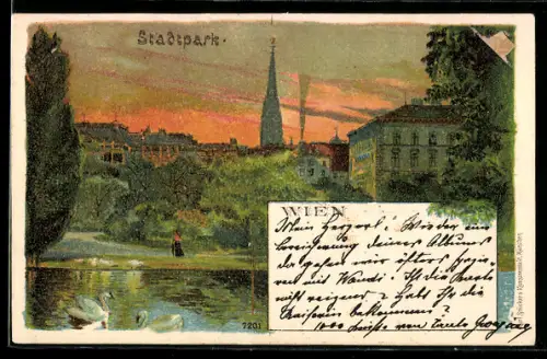 Lithographie Wien, Blick über den Schwanenteich in den Stadtpark