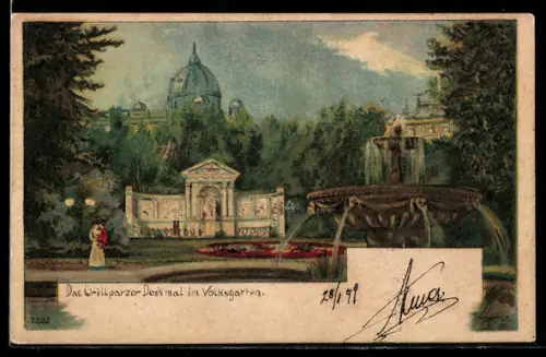 Lithographie Wien, Blick auf das Grillparzer Denkmal im Volksgarten