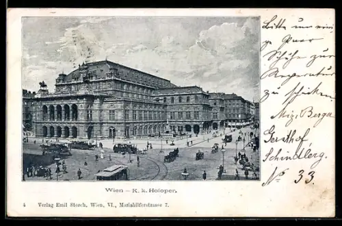 AK Wien, K. k. Hofoper mit Strassenbahn