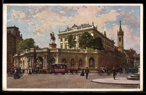 Künstler-AK Wien I, Albrechtsplatz mit Pferdebahn am Albrechtsbrunnen, Leute