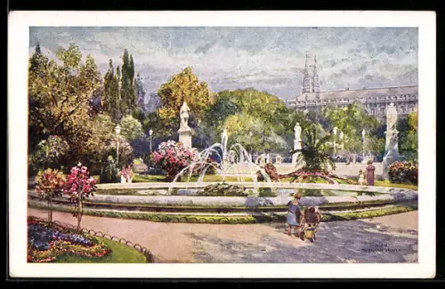 Künstler-AK Wien, Rathauspark mit Brunnen