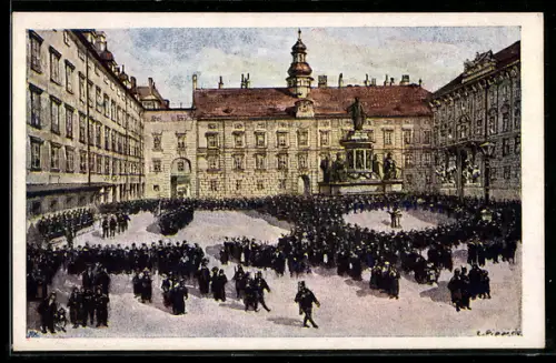 Künstler-AK Wien, Hofburg, Burgplatz mit Wacheablösung