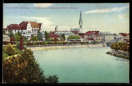 Künstler-AK Villach /Kärnten, Draukai mit Dependance-Hotel Mosser