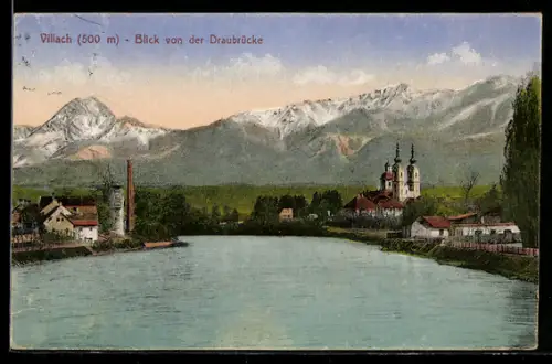 AK Villach, Blick von der Draubrücke mit Kirche