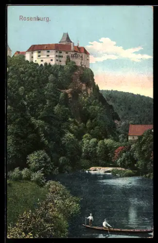 AK Rosenburg, Schloss auf Felsen über Fluss mit Ruderboot