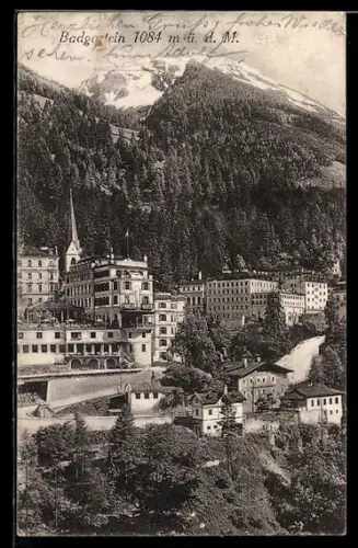 AK Badgastein, Panorama mit Hotels, Kirche und Wasserfall