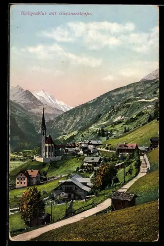 AK Heiligenblut, Glocknerstrasse mit Kirche