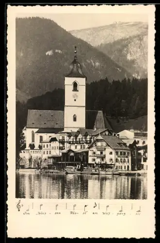 AK St. Wolfgang, Hotel Weisses Rössl am See, Kirche und Schafbergpanorama