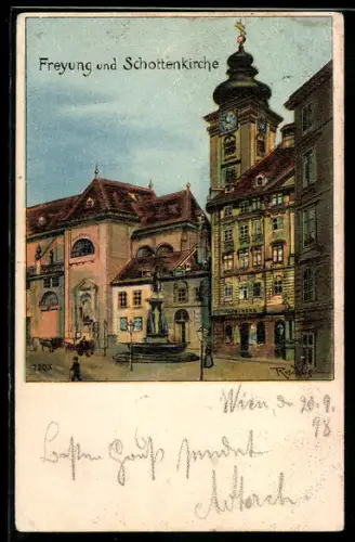 Lithographie Wien, Freyung mit Schottenkirche