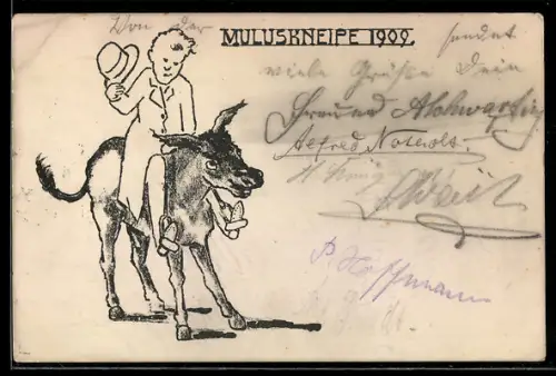 Künstler-AK Oldenburg /Grhzgt., Muluskneipe 1909, Reiter auf einem Maultier