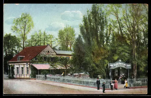 AK Lübbenau, Partie am Gasthaus zum Grünen Strand a. d. Spree mit Gartenlokal