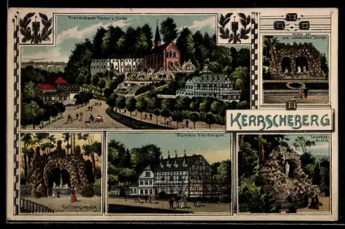 Lithographie Dingelstädt, Kloster & Gasthaus Kerbscheberg, Kurhaus Freckmann, Oelbergsgrotte