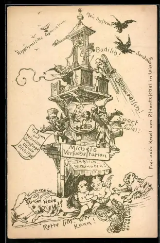 AK Leipzig, Sächs. Turnlehrer-Versammlung 1908, Turm mit verschiedenen Figuren