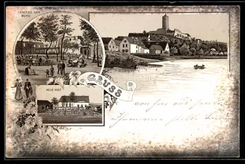Vorläufer-Lithographie Schönburg /Naumburg, 1894, Neue Welt, Inneres der Burg, Teilansicht mit Burg