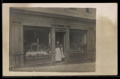 Foto-AK Weimar /Thür., Fleischerei Carl Giessler 1913, Haus & Strasse Goetheplatz 16
