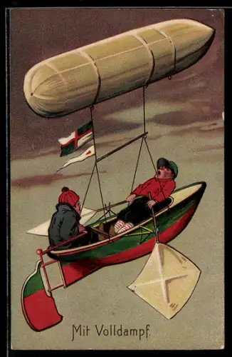 AK Zeppelin mit einem Ruderboot als Gondel