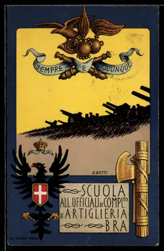 Künstler-AK Bra, Scuola All. Ufficiali di Compl. d`Artiglieria, Fascis