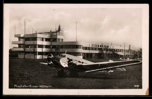 AK Essen-Mülheim, Flughafen-Hauptgebäude und Junkers Ju-52 Passagierflugzeug der Lufthansa