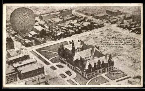 AK St. Louis, MO, Ballon St. Louis Nr. 3 im Fluge über dem Rathaus