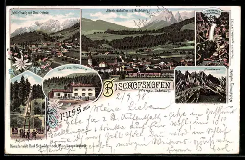Lithographie Bischofshofen, Totalansicht mit Mühlbach und Hochkönig