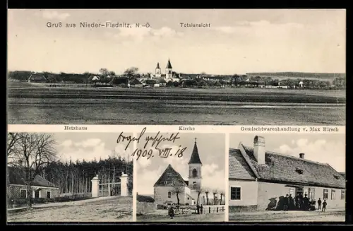 AK Nieder-Fladnitz /N.-Ö., Gemischtwarenhandlung von Max Hirsch, Hetzhaus, Kirche, Totalansicht vom Ort