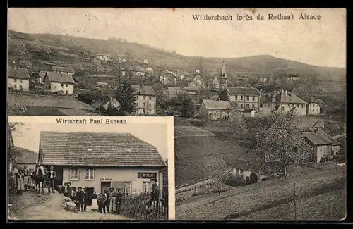 AK Wildersbach /Alsace, Gasthaus Paul Baneau, Ortsansicht mit Kirche