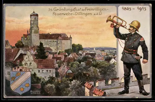Künstler-AK Ganzsache PP27 C103: Dillingen a. d. D., 50. Gründungsfest der Freiwilligen Feuerwehr 1913, Feuerwehrmann