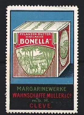 Reklamemarke Cleve, Pflanzen-Butter Margarine Bonella Wahnschaffe Muller & Co., Margarinewürfel