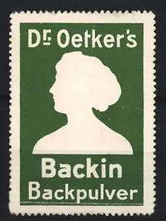 Reklamemarke Dr. Oetker`s Backin, Frauenkopf-Silhouette, grün