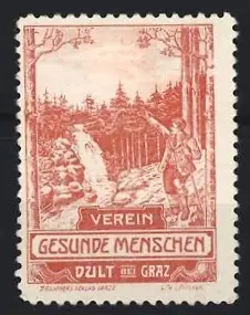 Reklamemarke Dult bei Graz, Verein Gesunde Menschen, Wanderer im Wald